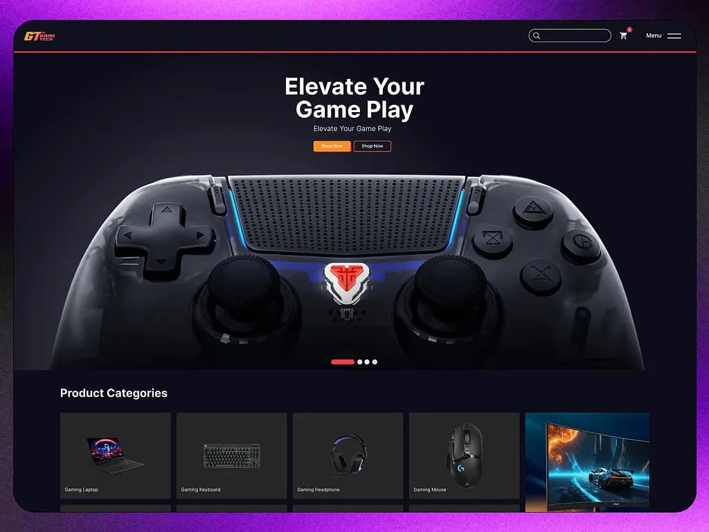 GemiTech gaming e-commerce homepage featuring a controller and product categories