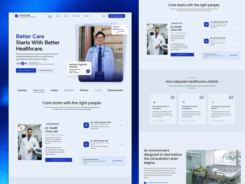 Solas Health landing page concept with clinician profiles and editorial healthcare content