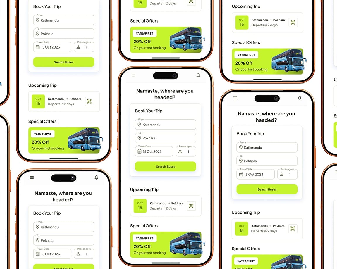 YatraFirst mobile app screens for bus search, upcoming trips, and travel offers